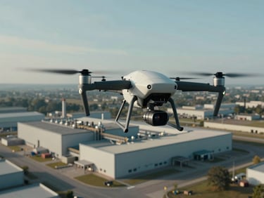 Drone in flight over an industrial facility, viewed from slightly above and behind the drone, thermal camera gimbal visible underneath, wide shot showing the plant's roof and surrounding grounds below in cool daylight, clear sky, no people in frame
