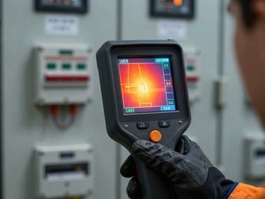 Extreme close-up of a handheld thermal imager screen displaying a high-voltage switchgear panel with hot-spot anomaly highlighted in amber-red false colour, imager body gripped by a technician's gloved hand, studio strobe lighting emphasising the screen readout and hardware detail