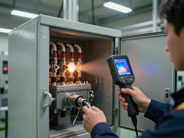 Wide shot of a technician's hands directing a handheld thermal imager at the front face of a high-voltage switchgear cabinet, imager screen glowing with a false-colour thermal map showing a hot busbar connection, industrial substation background, direct overhead fluorescent lighting emphasising the equipment hardware detail