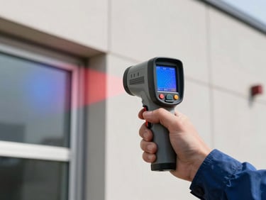 Technician holding a thermal imager against an exterior commercial building facade, infrared camera screen visible showing moisture ingress pattern around a window frame in false colour blue-to-red gradient, on-site daylight photography with building wall filling the background
