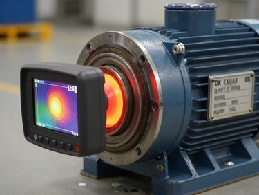 Close-up of a thermal imager pointed at an industrial electric motor end-bell and coupling guard, the imager screen showing a false-colour infrared scan with a localised amber-red hot-zone at the bearing housing, studio strobe lighting from the right illuminating the motor nameplate and hardware texture, factory floor background out of focus