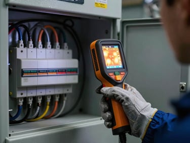 Handheld thermal imager held close to an open low-voltage electrical panel, the imager screen reflecting hot-spot data in amber, technician's gloved hand steady on the grip, direct strobe light on the panel hardware, sharp focus on imager body and screen readout, dark workshop background