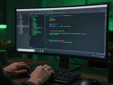 Developer's hands on a keyboard, screen showing clean Kotlin code on an ultra-wide dark mode monitor, subtle green ambient light.