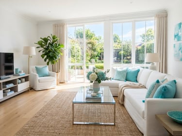 Bright sunlit domestic living room with immaculate white sofa, sparkling clean glass coffee table, natural daylight streaming through large windows, fresh turquoise accents