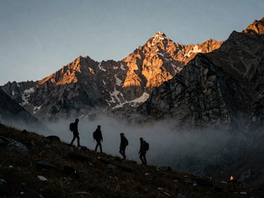 Anamorphic film photo of hikers silhouetted against dramatic jagged Caucasus mountain peaks, low-angle shot, moody mist in the valleys, dramatic lighting.