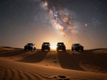 Silhouettes of 4x4 vehicles parked on a massive desert dune crest under a brilliant Milky Way galaxy sky, cinematic deep shadows