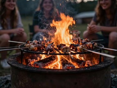 Close up of food grilling over a rustic open fire pit at night, warm glowing embers, blurred happy people in the background