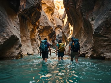 Low angle shot of active hikers wading through a narrow wadi canyon with turquoise water, dramatic rock formations, golden sunlight filtering from above
