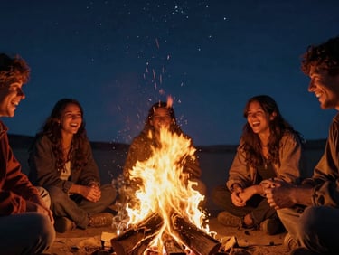 Candid close-up of people laughing around a roaring campfire in the desert under a starry sky, high contrast campfire glow