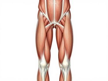 Anatomical diagram of the human quadriceps muscle group, clean vector lines on white background, medical illustration style