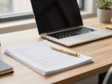 Organized modern desk with financial documents, gold pen, clean laptop, warm natural light from window, professional corporate editorial style, 35mm