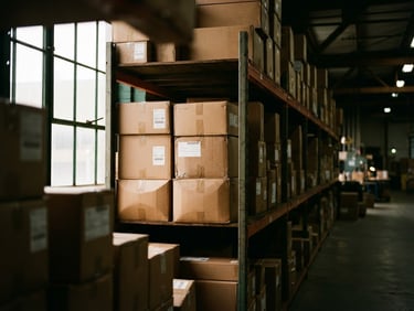 Environmental medium shot of organized warehouse shelves with natural window light casting deep shadows, highlighting cardboard packaging texture, 35mm photography.