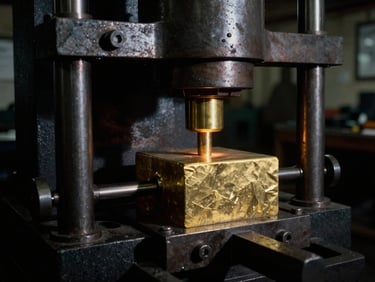 Close-up of a massive steel hydraulic press shaping a brass block, dark workshop lighting, 35mm film