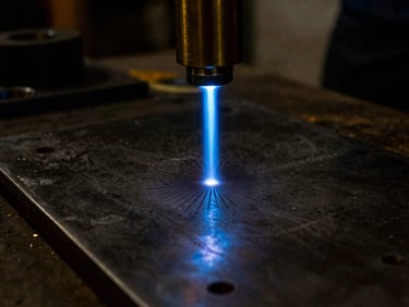Focused blue laser beam burning a precise pattern into a dark steel plate, high contrast task lighting