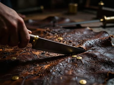 Macro shot of thick leather hide being cut with a heavy steel blade, deep shadows, chiaroscuro