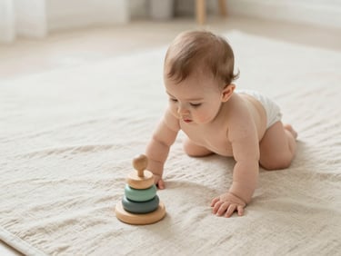 Soft editorial photography, natural morning daylight, a baby crawling on a soft beige linen playmat towards a wooden stacking ring toy, shallow depth of field, 35mm
