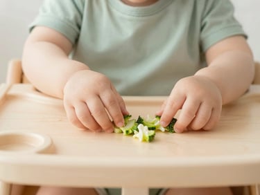 Soft editorial photography, natural morning daylight, a baby's hands reaching for small pieces of steamed vegetables on a wooden high chair tray, shallow depth of field, 35mm