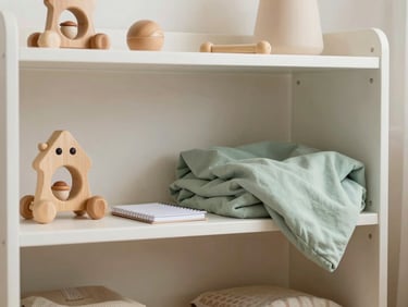 Soft editorial photography, natural morning daylight, a neatly organized nursery shelf with wooden toys, a soft sage green blanket, and a small notebook, shallow depth of field, 35mm