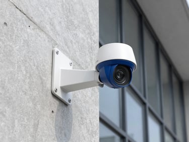 CCTV camera mounted on a concrete wall overlooking a modern office corridor, high-contrast, sharp focus