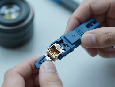 Close-up of hands crimping an RJ45 connector, crisp technical focus, cool industrial blue tone, 35mm lens