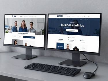 Dual monitors displaying a responsive business website interface in a clean workspace, cool-toned lighting