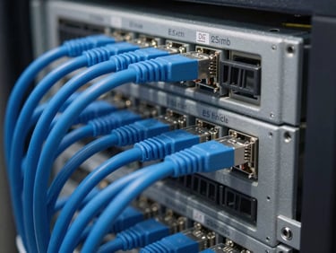 Close-up of neatly arranged blue LAN cables in a server rack, labeled clearly, cool daylight, 35mm