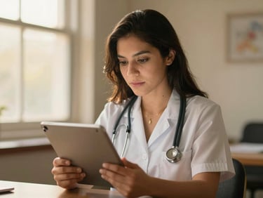 Warm editorial image of a young Mexican professional woman looking at medical documents on a tablet, soft natural light, shallow depth of field, authentic, 35mm.