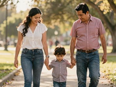 Warm editorial image of a Mexican family (parents and young child) holding hands and walking in a park, natural sunlight, shallow depth of field, authentic, 35mm.