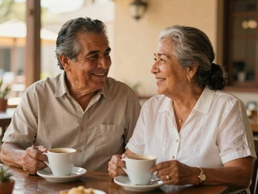 Warm editorial image of an older Mexican couple enjoying coffee on a patio, smiling, soft natural light, shallow depth of field, authentic, 35mm.