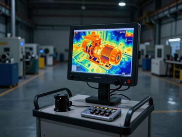 Wide shot of an industrial facility interior at night, a thermal imaging screen mounted on a diagnostic cart in the foreground displaying a false-color heat map of a motor assembly — vivid orange and yellow thermal anomaly zones clearly visible on the display, dark production floor background with machinery silhouettes, cool strobe lighting on the diagnostic cart, no people