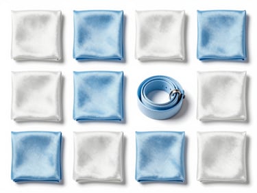 Folded silk scarves and structured belts in a precise grid, bright high-key product photography, clean sky blue accents, 50mm lens