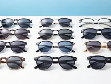 Array of modern optical frames and sunglasses neatly arranged on a bright surface, crisp studio light, sky blue background tint, 50mm lens