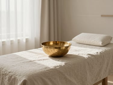 A serene, minimalist treatment room with soft linen textures, a warm brass bowl, and diffused natural light.