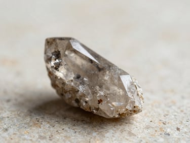 Macro texture of a raw smoky quartz crystal on a limestone surface, sharp focus, soft side daylight, shallow depth of field.