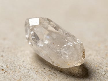 Macro photography of a raw, translucent white quartz crystal on a neutral stone background, warm side lighting.