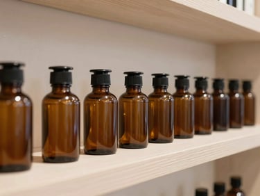 Neat row of amber glass apothecary bottles on a minimalist white oak shelf, warm gallery lighting, clean composition.