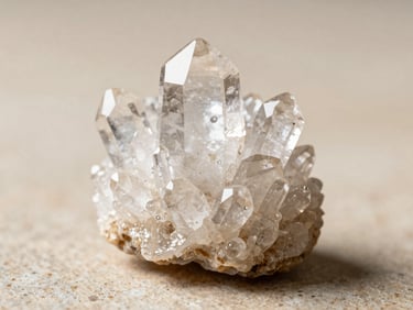 Macro shot of a raw, translucent quartz crystal cluster on a warm stone surface, soft gallery spotlighting.