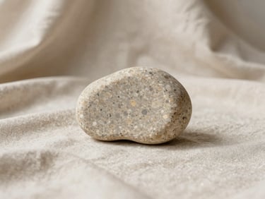 A single polished basalt stone resting on a heavy linen cloth, soft shadows, warm neutral tones, architectural framing.