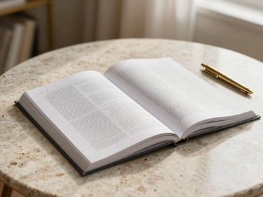 An open, beautifully bound editorial journal resting on a travertine table next to a brass pen, soft morning light.