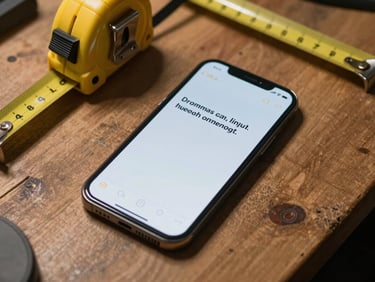 A smartphone screen displaying a simple local quote form, resting on a wooden workbench next to a tape measure.