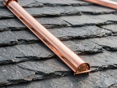 Close-up of a finished slate roof with clean copper flashing, bright ambient daylight, sharp details.