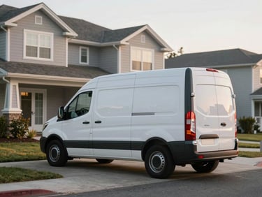 A service van with clean branding parked in front of a neat suburban home, soft morning light.