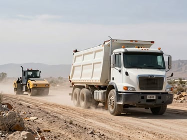 Wide shot of a loaded dómper truck moving along a dirt access road on a Baja California Sur job site under bright overcast midday light, compaction roller parked in the background on leveled ground, dust trail behind the truck