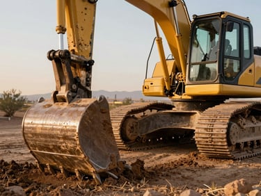Close-up environmental shot of a retroexcavadora mid-dig on a Loreto construction site under golden hour light, bucket lowered into fresh earth, cab visible in the background, desert scrub at site edge