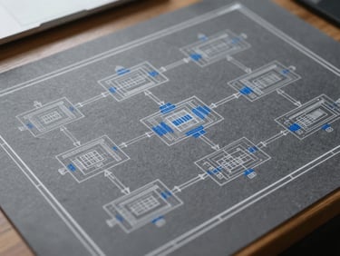 Overhead schematic drawing of a technical workflow on a slate grey desk, sharp white lines, blueprint-blue markings, clean and precise.
