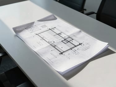 High-contrast architectural office environment, sharp overhead view of a clean conference table with blueprints and structural diagrams, cool-toned daylight, minimal aesthetic