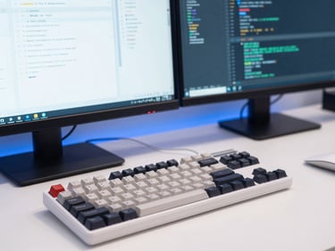 Sharp close-up of a developer workspace with clean mechanical keyboard, dual monitors displaying clean code and analytics, bright daylight with subtle cool blue ambient light, 35mm