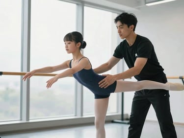 A private coach adjusting a dancer's alignment in a bright modern studio with large windows, focused expressions, soft natural light, 85mm lens