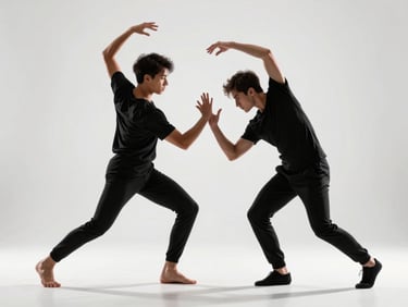 Two contemporary dancers in a fluid, high-energy duet, dynamic motion blur, bright studio background, sharp focus on hands, 85mm lens