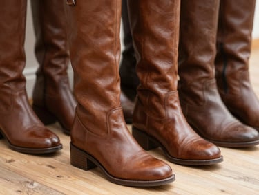 Close-up of elegant women's leather boots, rich brown color, natural daylight, shallow depth of field, neatly arranged on a wooden floor.